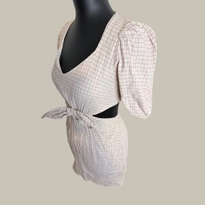 Zara Mini Dress Women XS Cream Red and Plaid Cutout Tie‎ Front Puff Sleeve